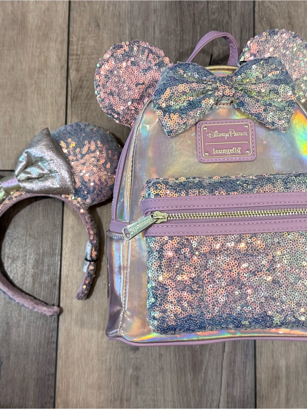Disney Iridescent Lavender Sequin Kids Backpack with Ears SET BNWT